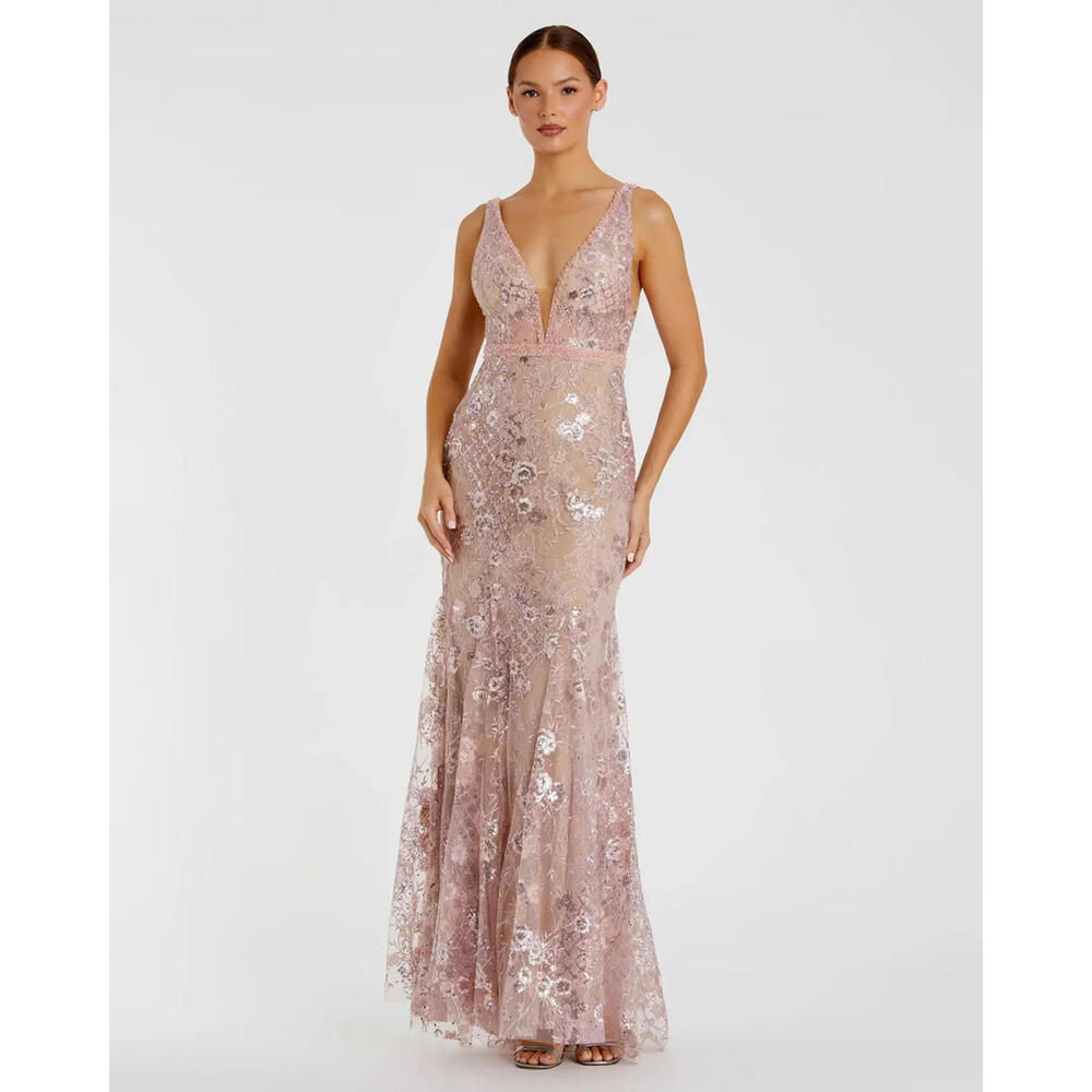 Mac Duggal Pink Floral Embellished Sleeveless Plunge Neck Gown Size 0